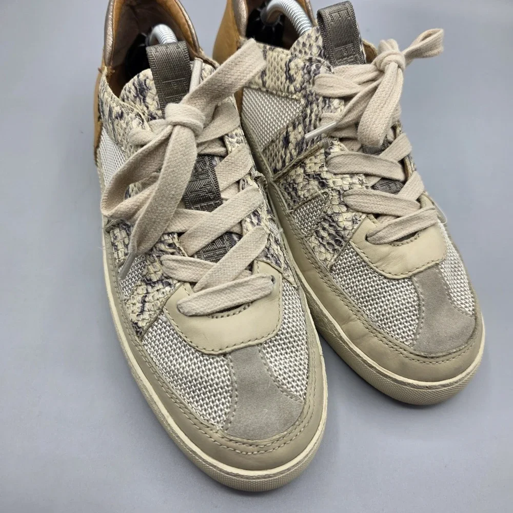Frye Webster Sneakers Womens 8.5 Beige Leather Platform Snake Print Low Top Shoe